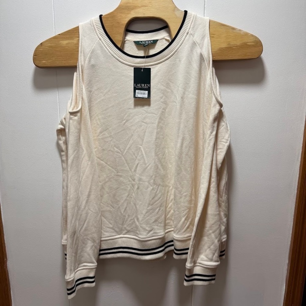 Lauren Ralph Lauren Cold Shoulder‎ Sweatshirt Winter Cream Striped XL NEW